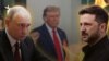 Президент Украины Владимир Зеленский (справа) и президент России Владимир Путин (слева) на фоне портрета американского президента Дональда Трампа. Коллаж